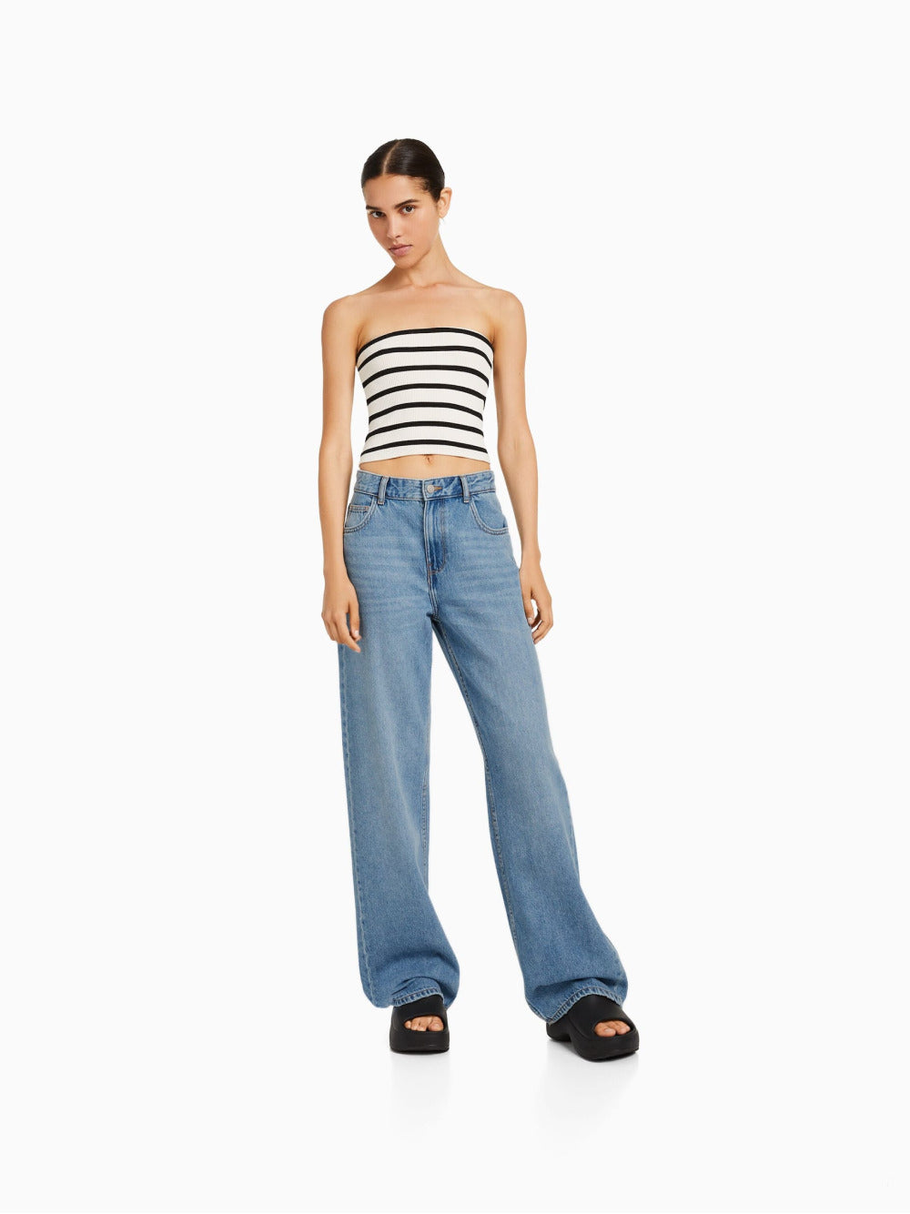 Top cropped cai-cai em malha listrada