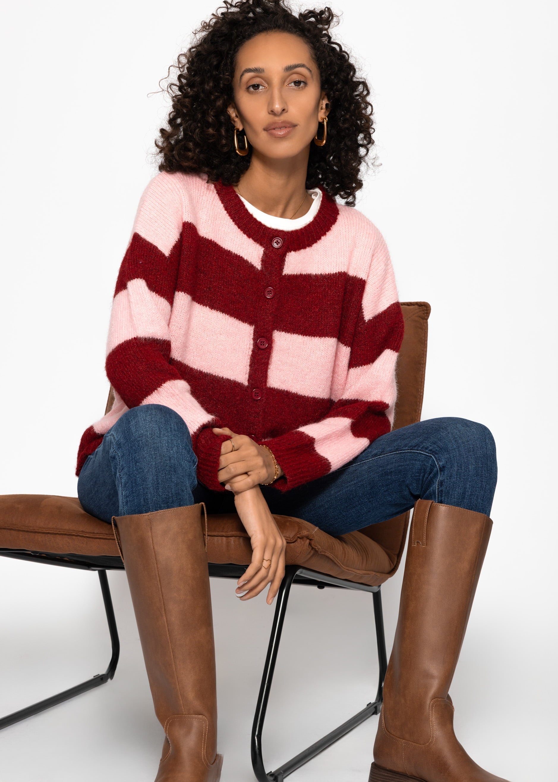 Cárdigan con bloques de rayas – burdeos