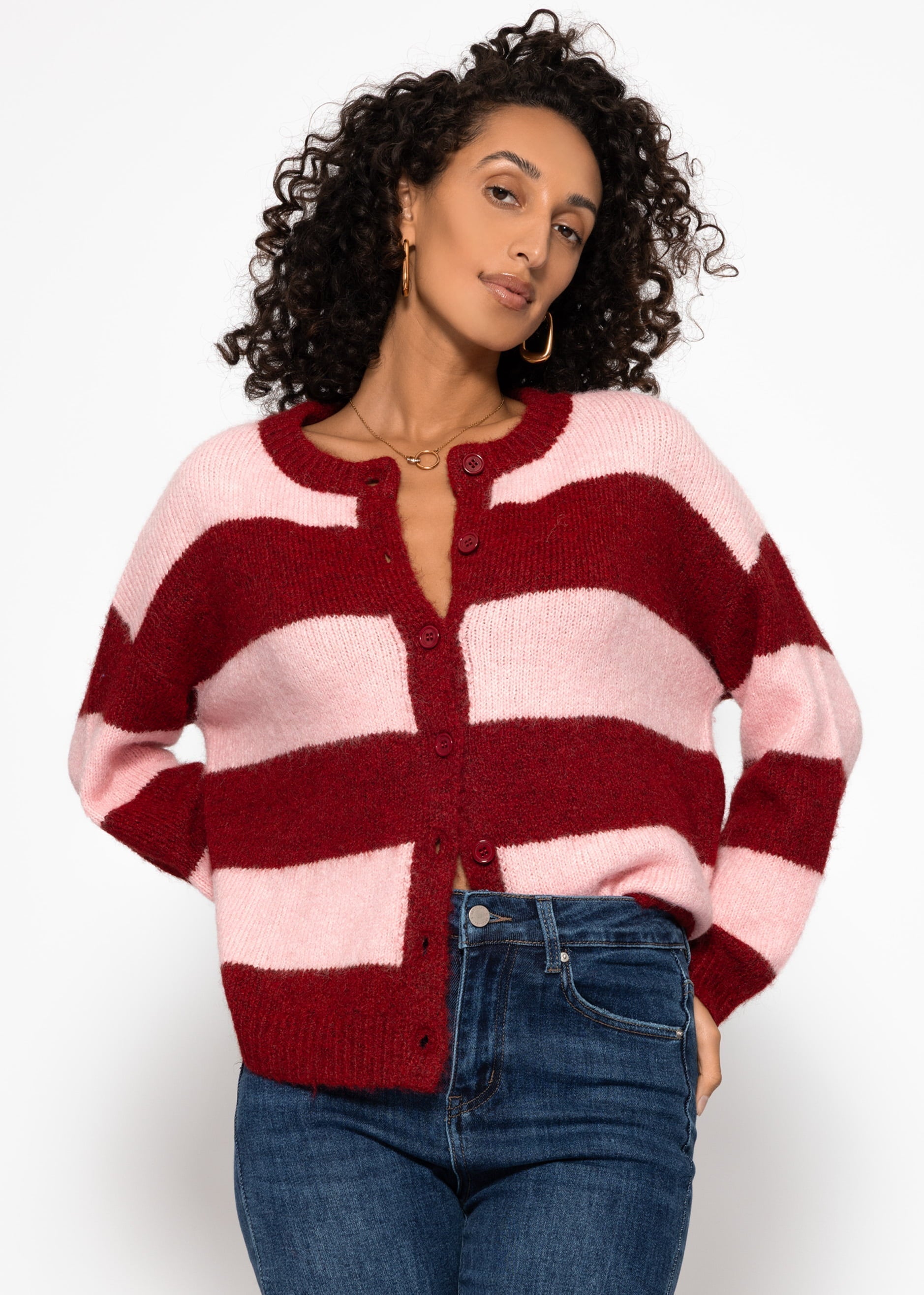 Cárdigan con bloques de rayas – burdeos