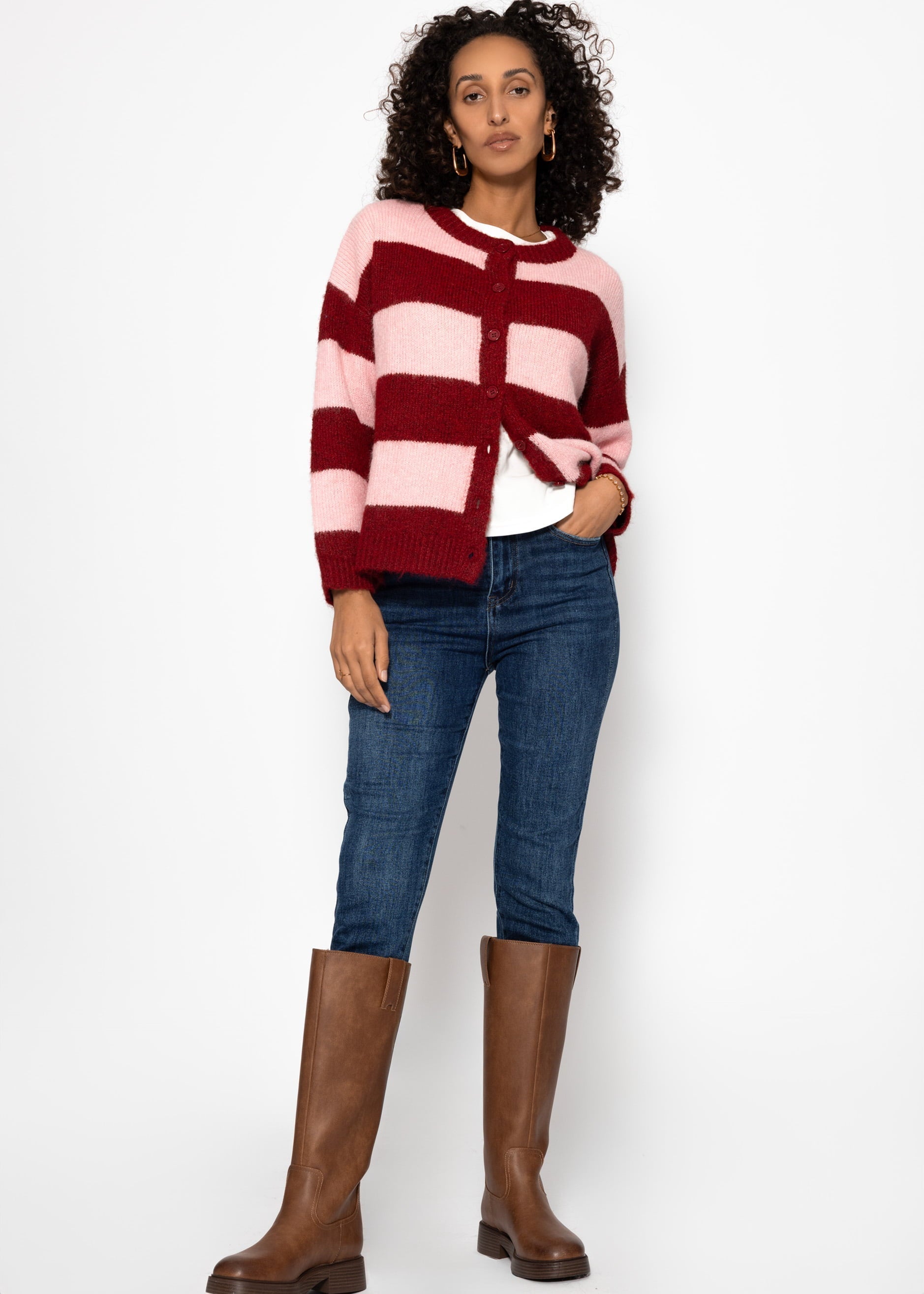 Cárdigan con bloques de rayas – burdeos