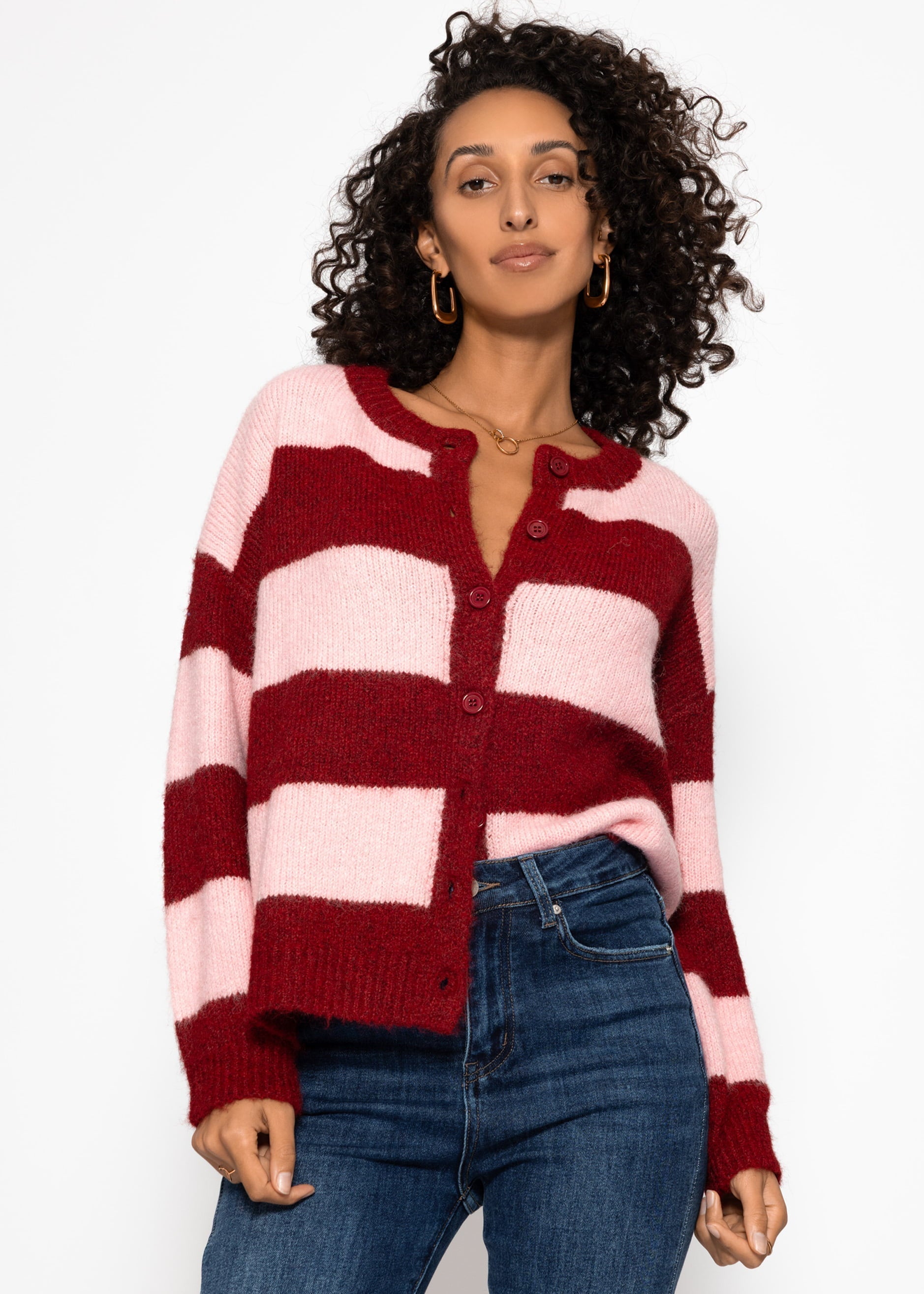 Cárdigan con bloques de rayas – burdeos