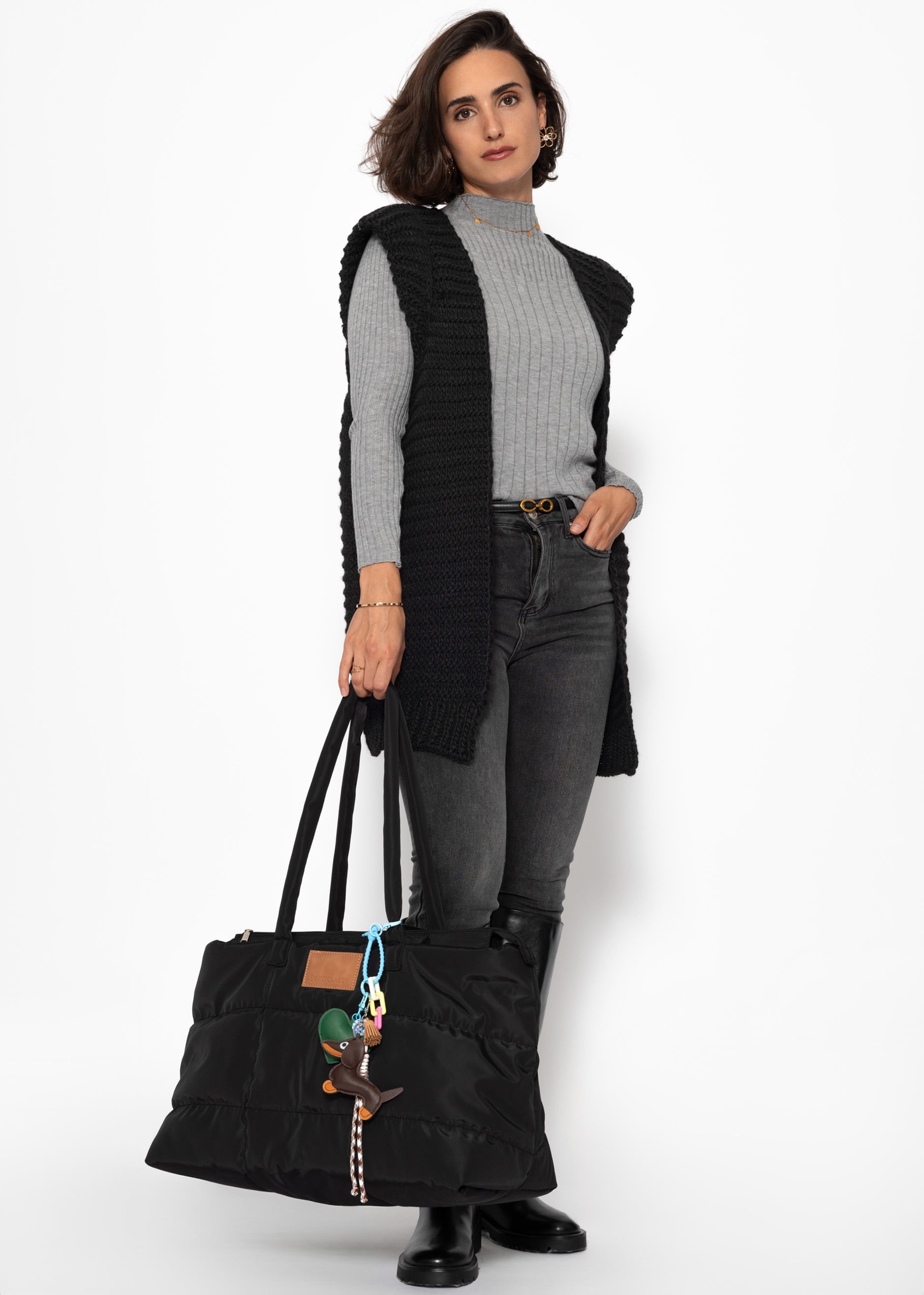 Chaleco largo de punto sin mangas con hombros estructurados - negro