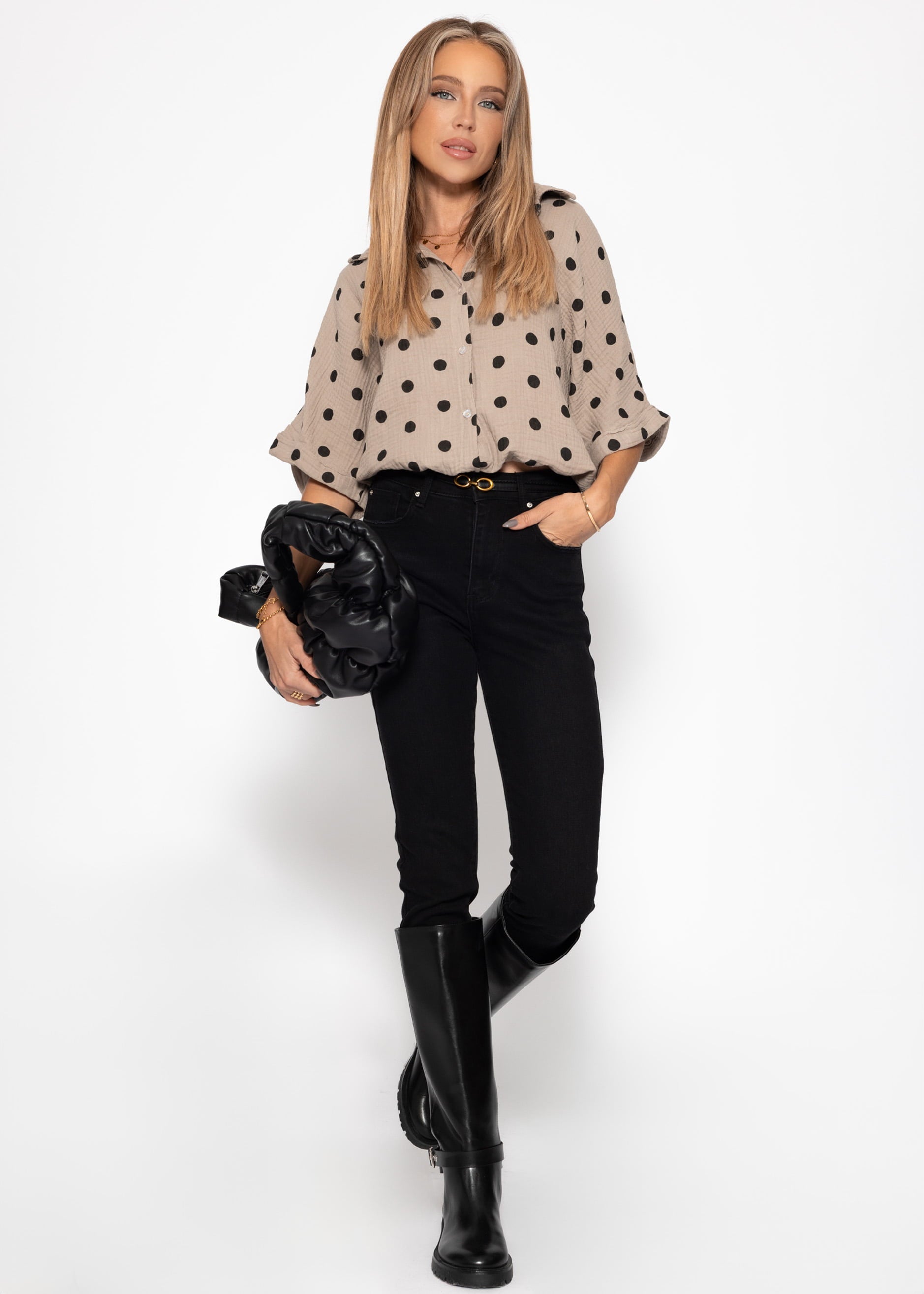 Blusa con cordón y lunares - gris topo