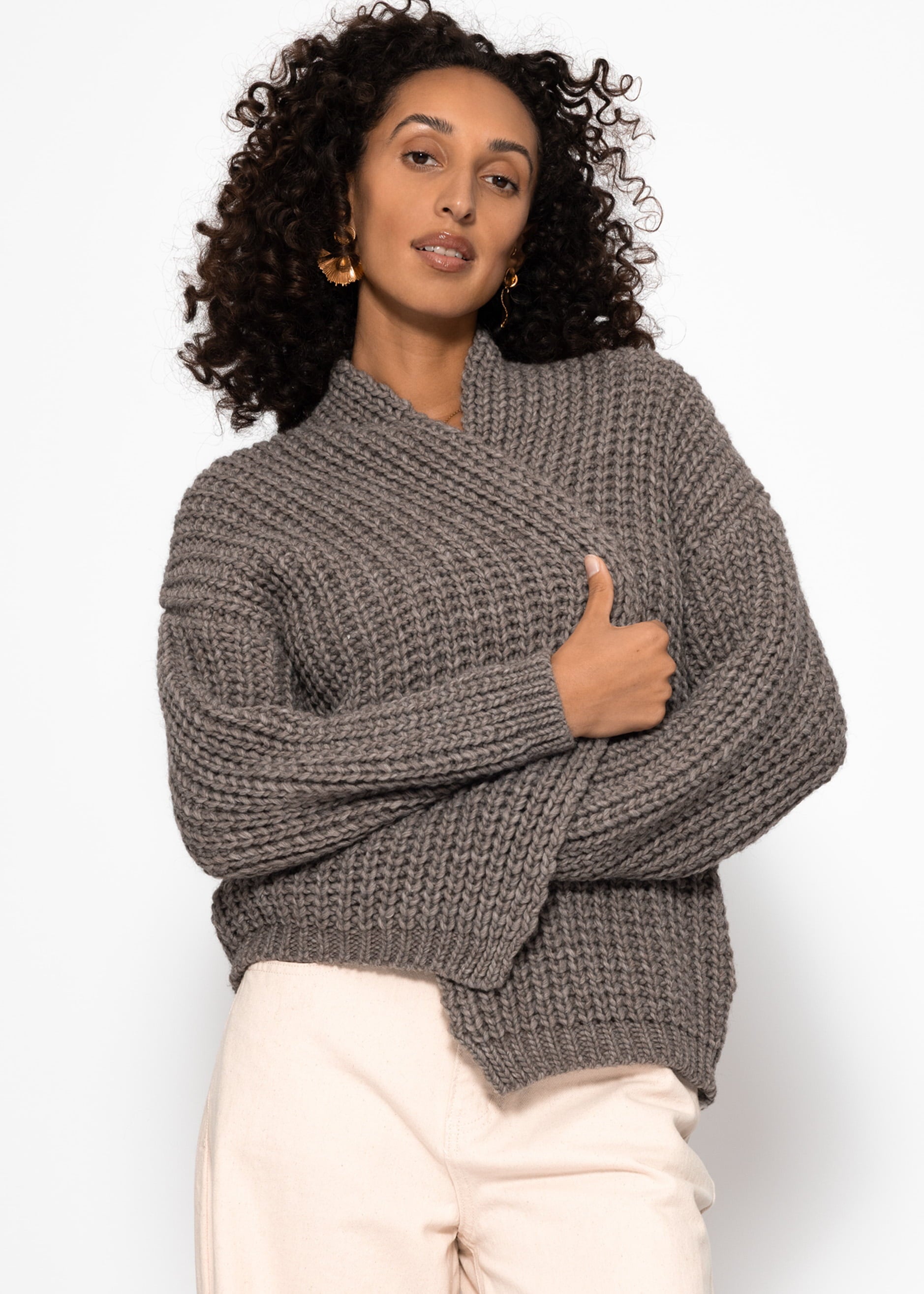 Cárdigan abierto de punto grueso - color topo